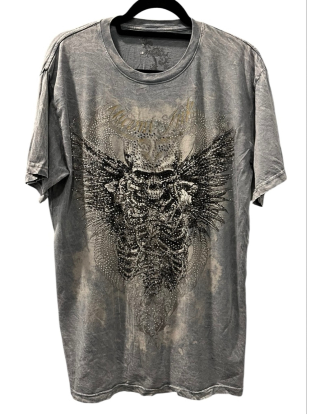 Miami Ink Vintage Y2K Skull Wings Bling Stone Wash Men's T-Shirt Size XL